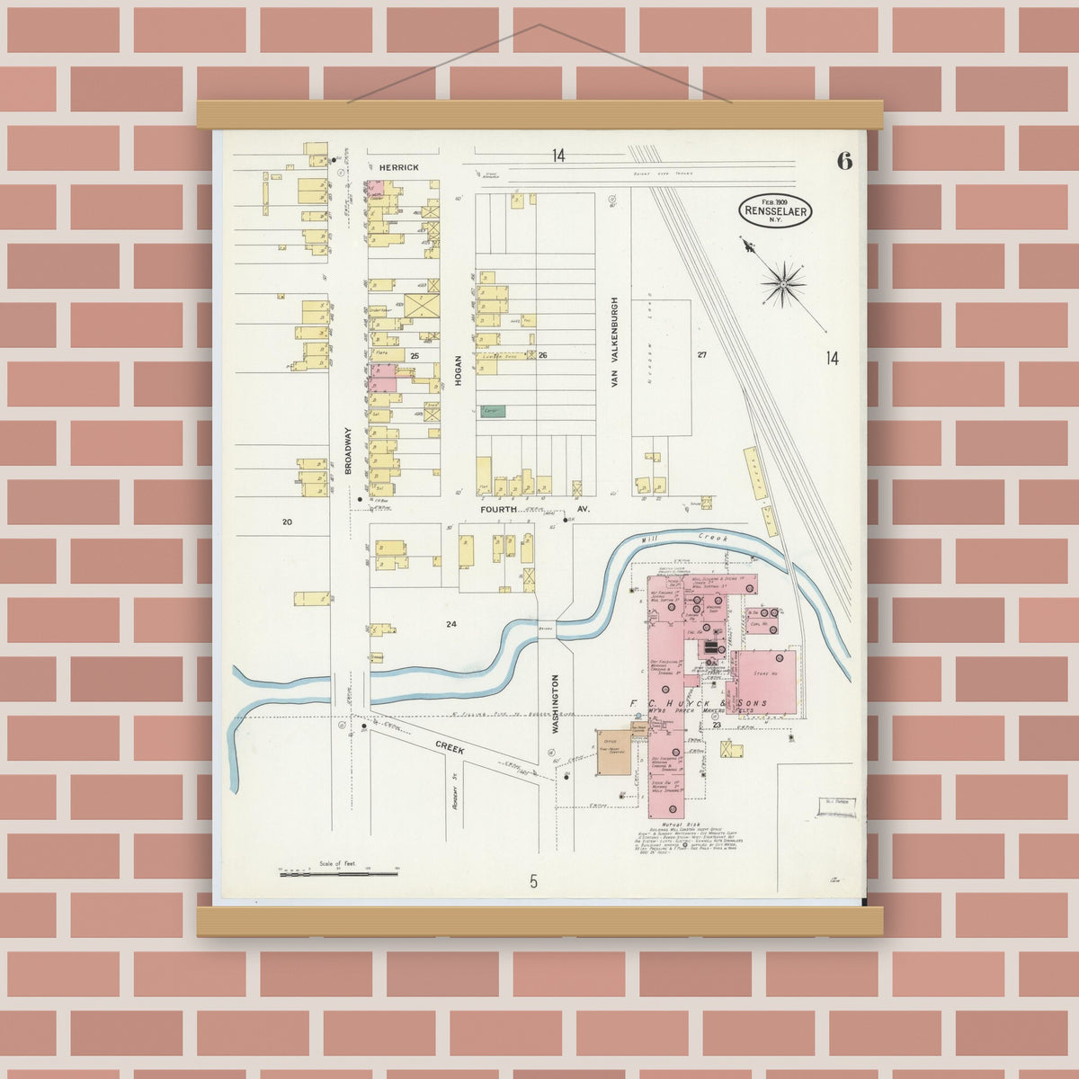 Old map wall art mockup — magnetic wood frame on brick wall — Sanborn Fire Insurance Map from Rensselaer, Rensselaer County, New York (1909), Sheet #0006