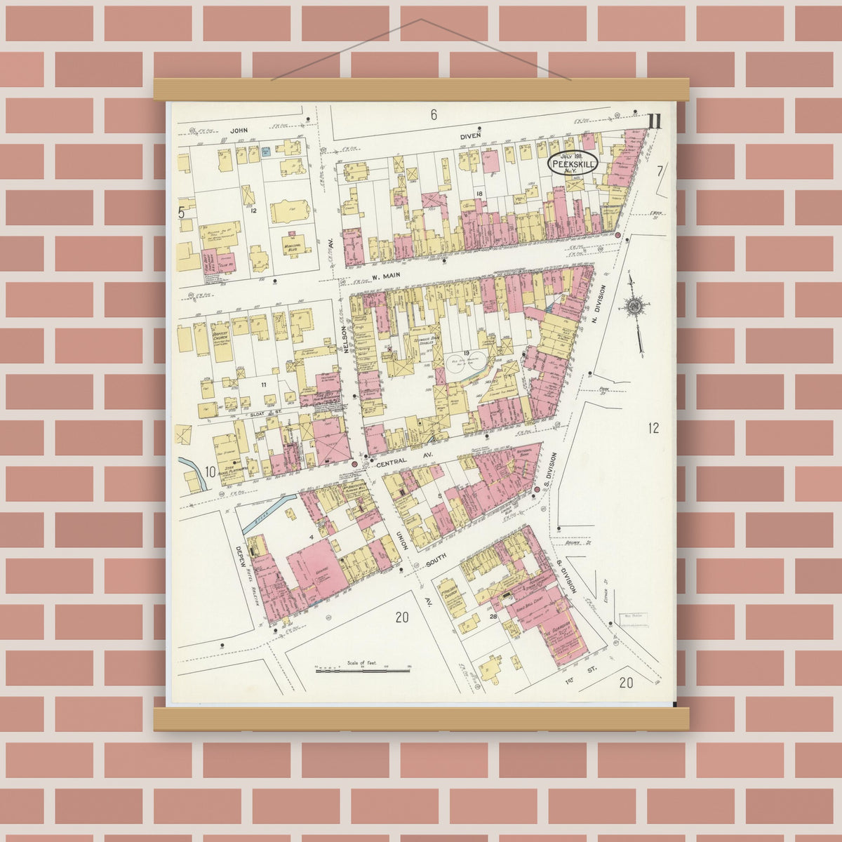 Old map wall art mockup — magnetic wood frame on brick wall — Sanborn Fire Insurance Map from Peekskill, Westchester County, New York (1911), Sheet #0011