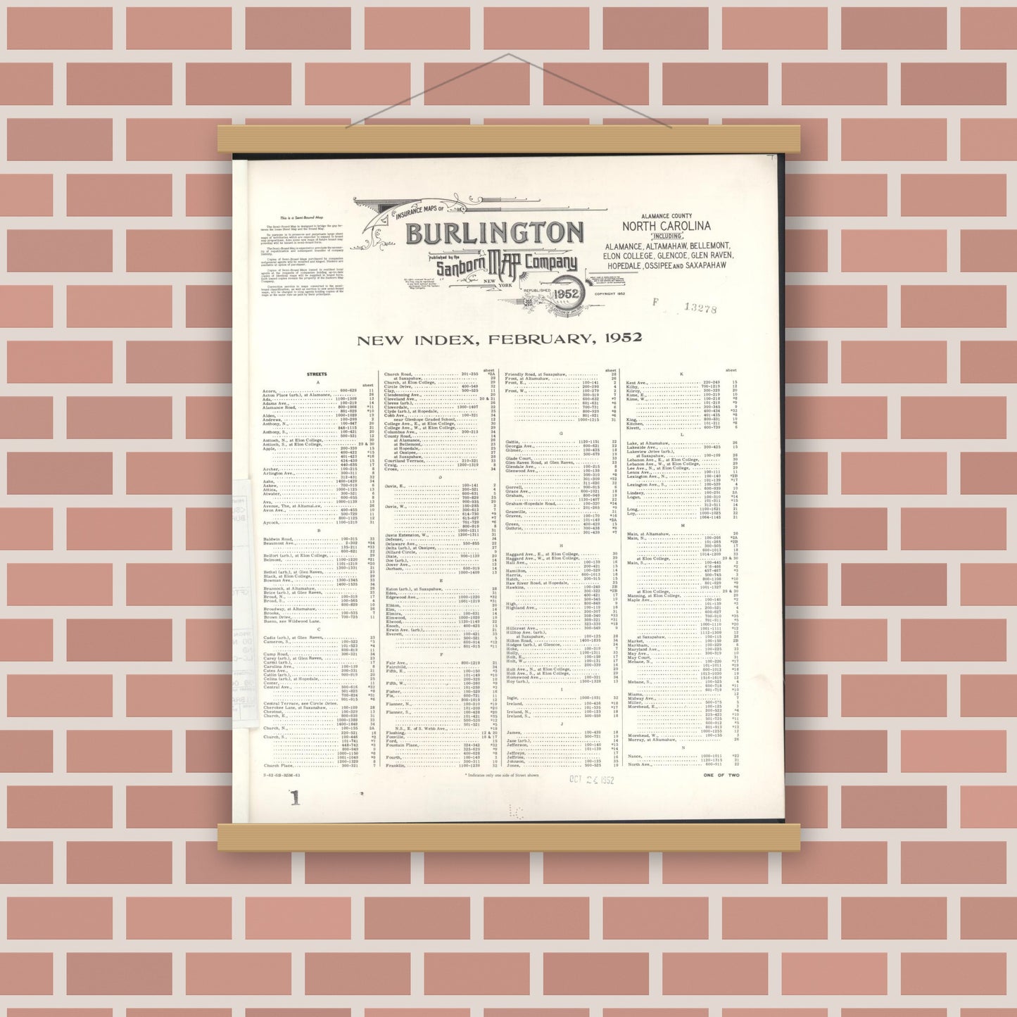 Old map wall art mockup — magnetic wood frame on brick wall — Sanborn Fire Insurance Map from Burlington, Alamance County, North Carolina (1952), Sheet #0001