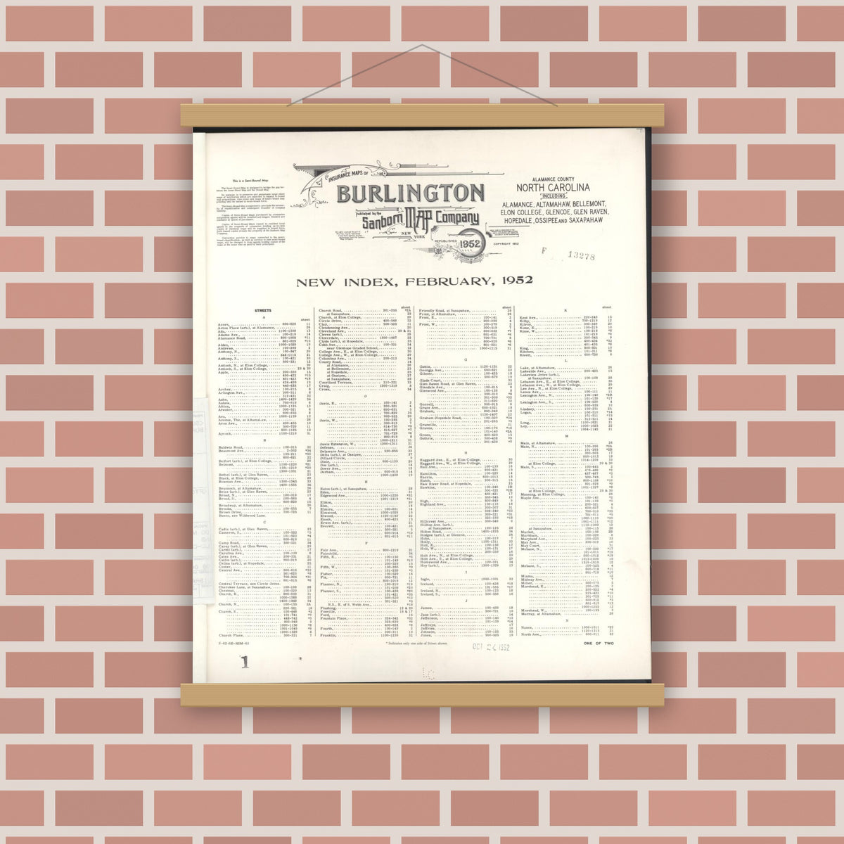 Old map wall art mockup — magnetic wood frame on brick wall — Sanborn Fire Insurance Map from Burlington, Alamance County, North Carolina (1952), Sheet #0001