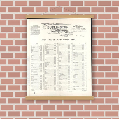 Old map wall art mockup — magnetic wood frame on brick wall — Sanborn Fire Insurance Map from Burlington, Alamance County, North Carolina (1952), Sheet #0001