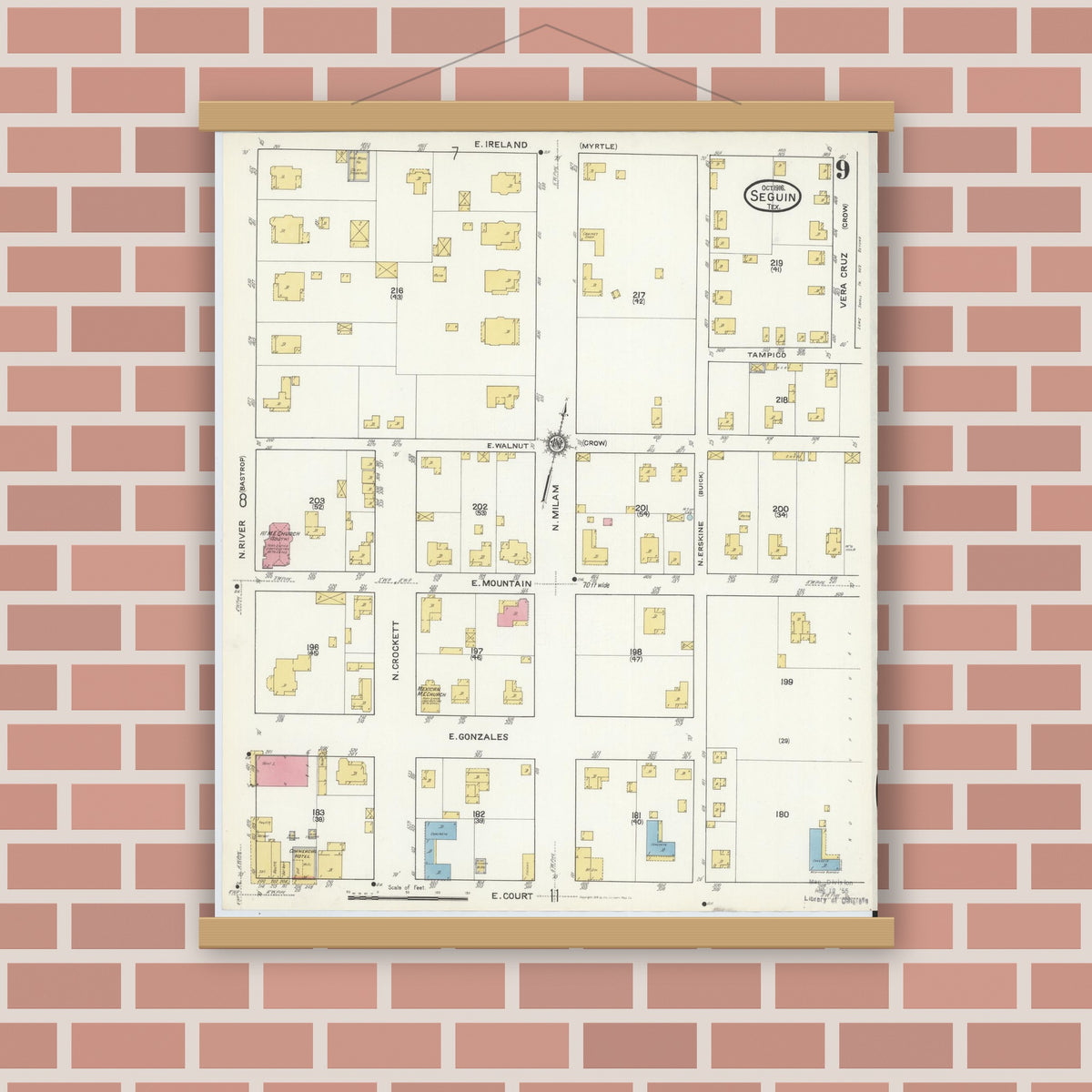 Old map wall art mockup — magnetic wood frame on brick wall — Sanborn Fire Insurance Map from Seguin, Guadalupe County, Texas (1916), Sheet #0009