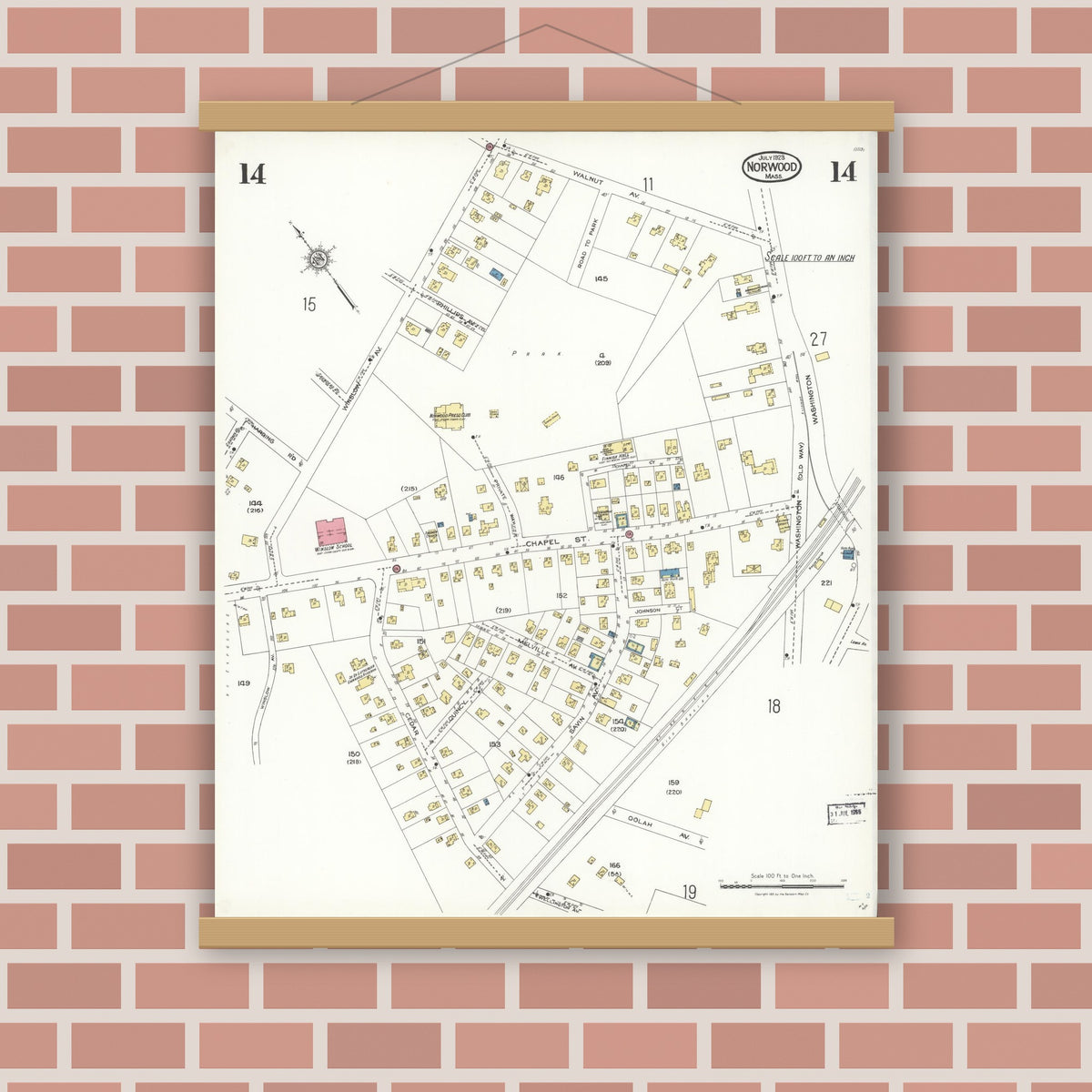Old map wall art mockup — magnetic wood frame on brick wall — Sanborn Fire Insurance Map from Norwood, Norfolk County, Massachusetts (1923), Sheet #0014