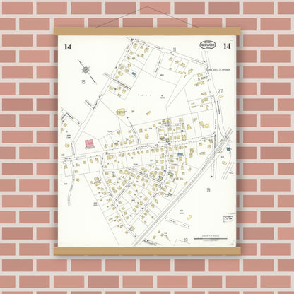 Old map wall art mockup — magnetic wood frame on brick wall — Sanborn Fire Insurance Map from Norwood, Norfolk County, Massachusetts (1923), Sheet #0014