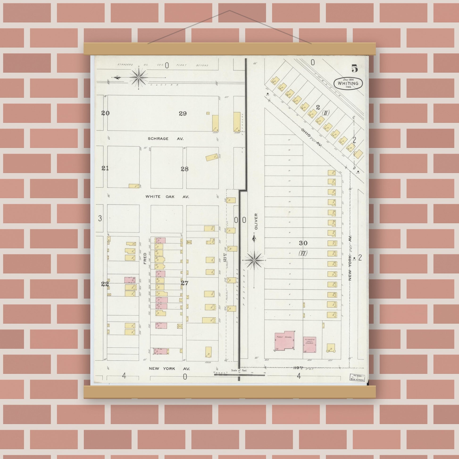 Old map wall art mockup — magnetic wood frame on brick wall — Sanborn Fire Insurance Map from Whiting, Lake County, Indiana (1896), Sheet #0005