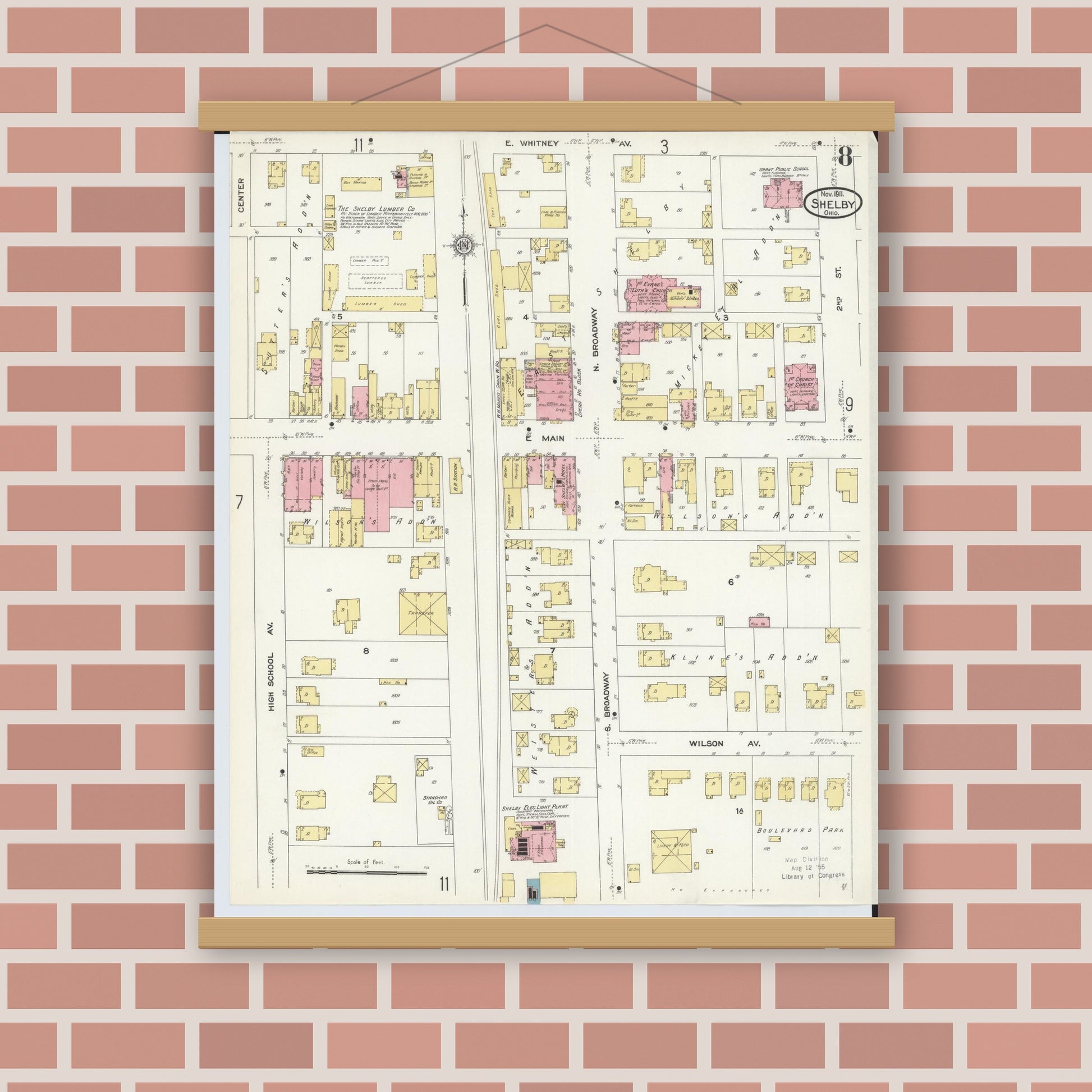 Old map wall art mockup — magnetic wood frame on brick wall — Sanborn Fire Insurance Map from Shelby, Richland County, Ohio (1911), Sheet #0008