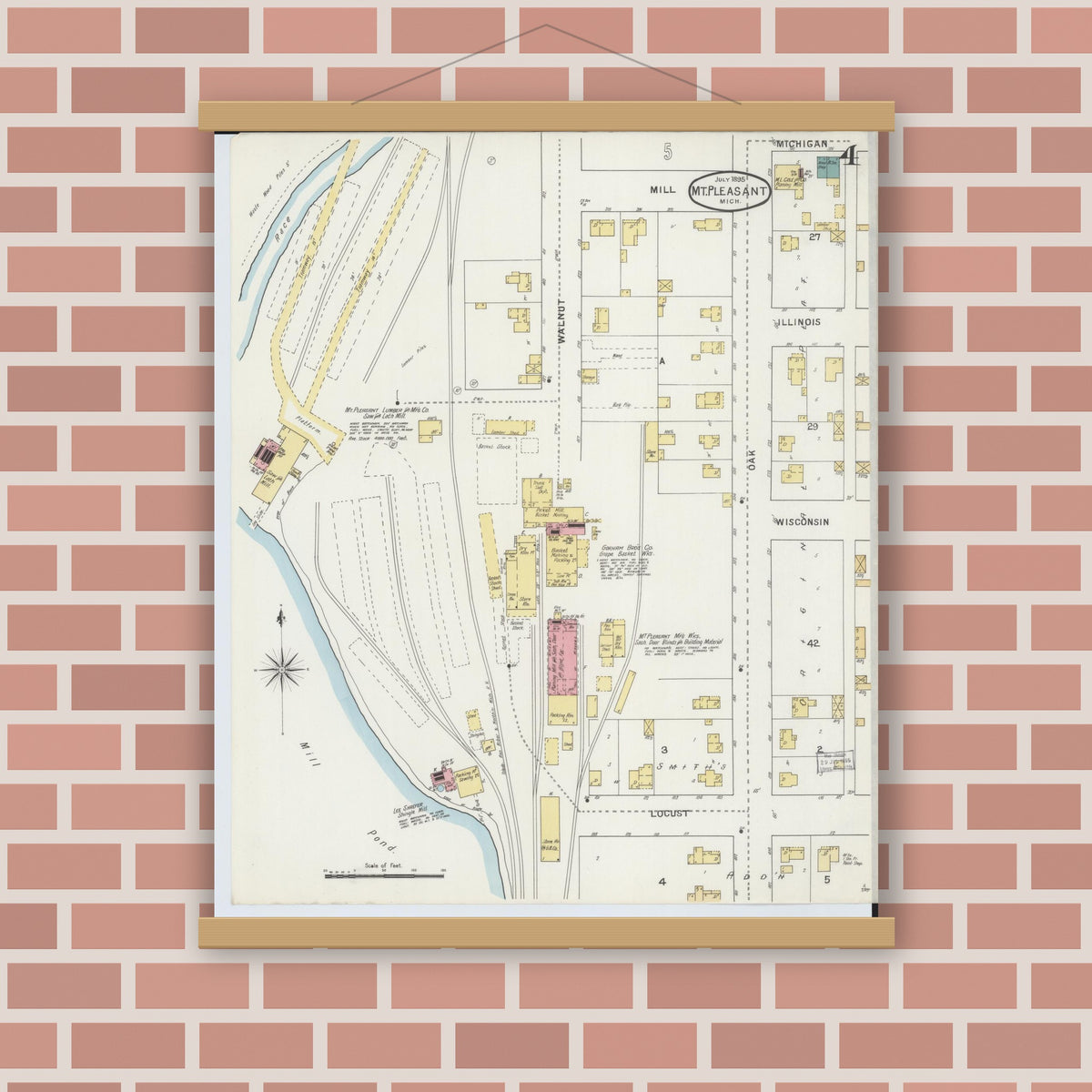 Old map wall art mockup — magnetic wood frame on brick wall — Sanborn Fire Insurance Map from Mount Pleasant, Isabella County, Michigan (1895), Sheet #0004