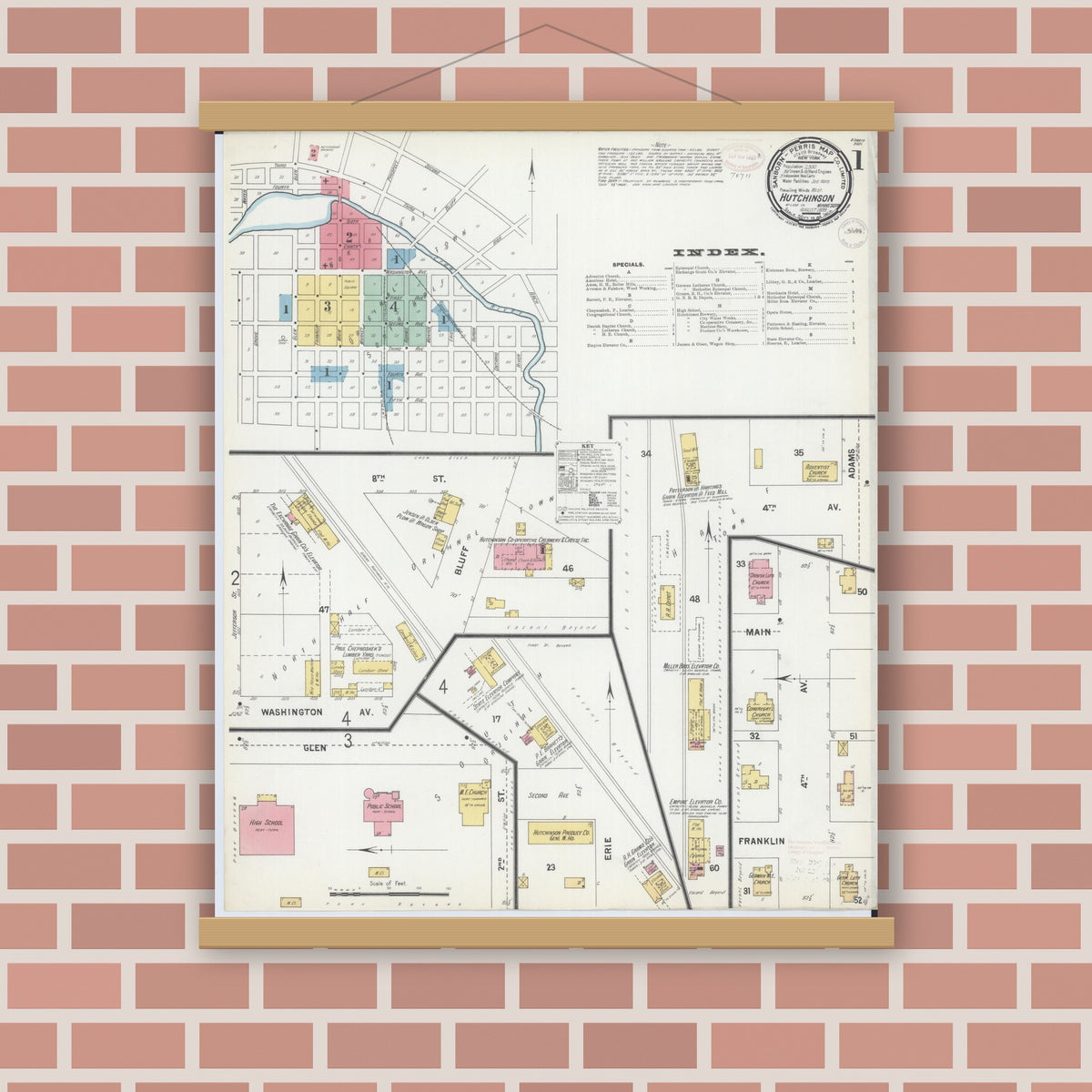 Old map wall art mockup — magnetic wood frame on brick wall — Sanborn Fire Insurance Map from Hutchinson, Mcleod County, Minnesota (1899) - Complete Map Set