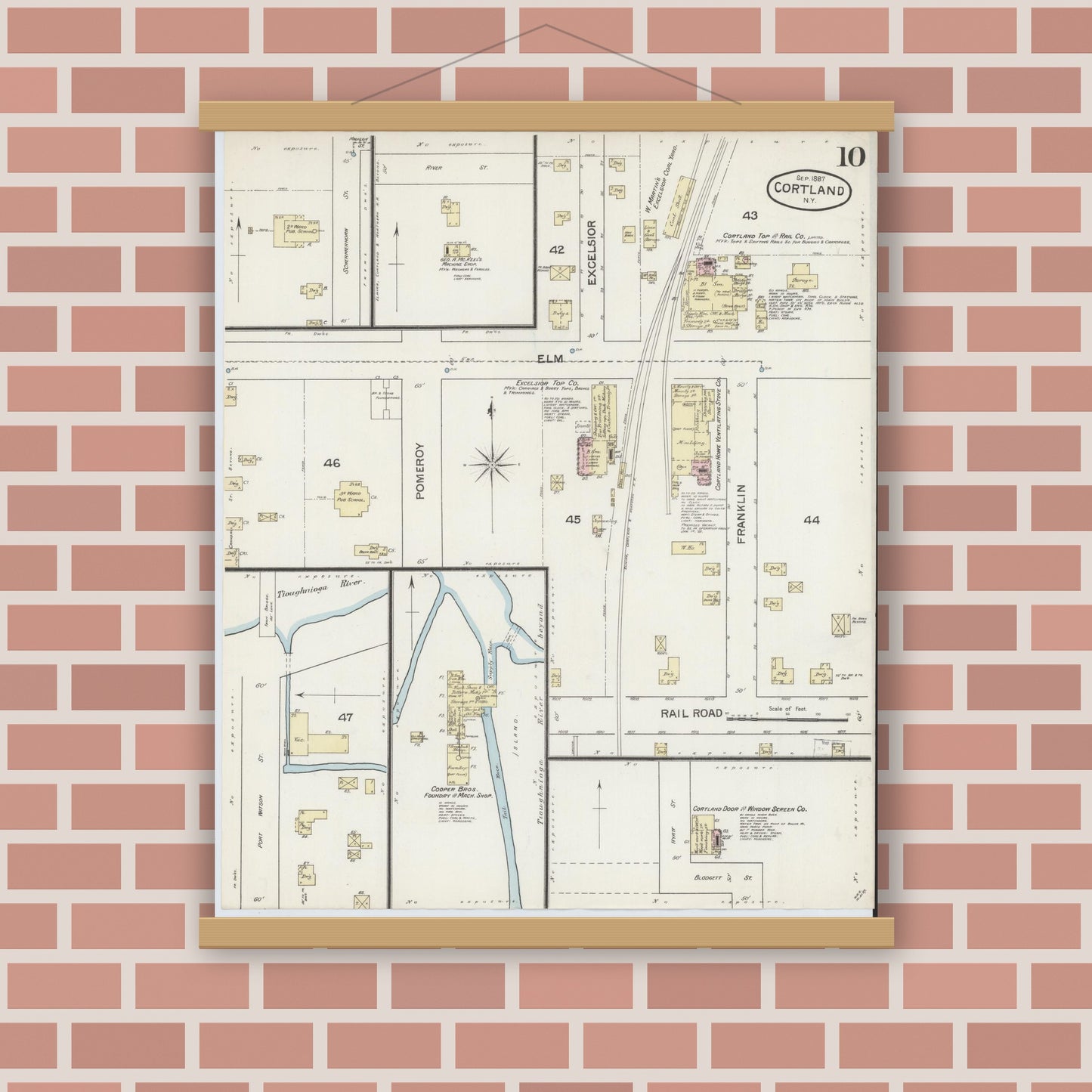Old map wall art mockup — magnetic wood frame on brick wall — Sanborn Fire Insurance Map from Cortland, Cortland County, New York (1887), Sheet #0010