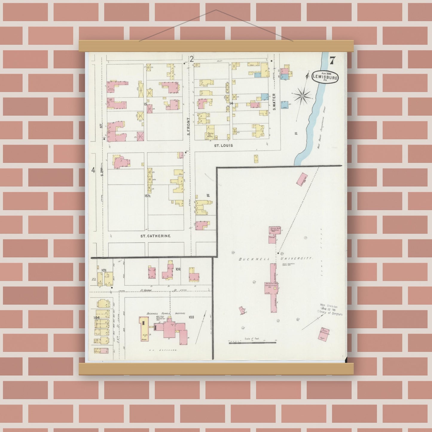 Old map wall art mockup — magnetic wood frame on brick wall — Sanborn Fire Insurance Map from Lewisburg, Union County, Pennsylvania (1896), Sheet #0007