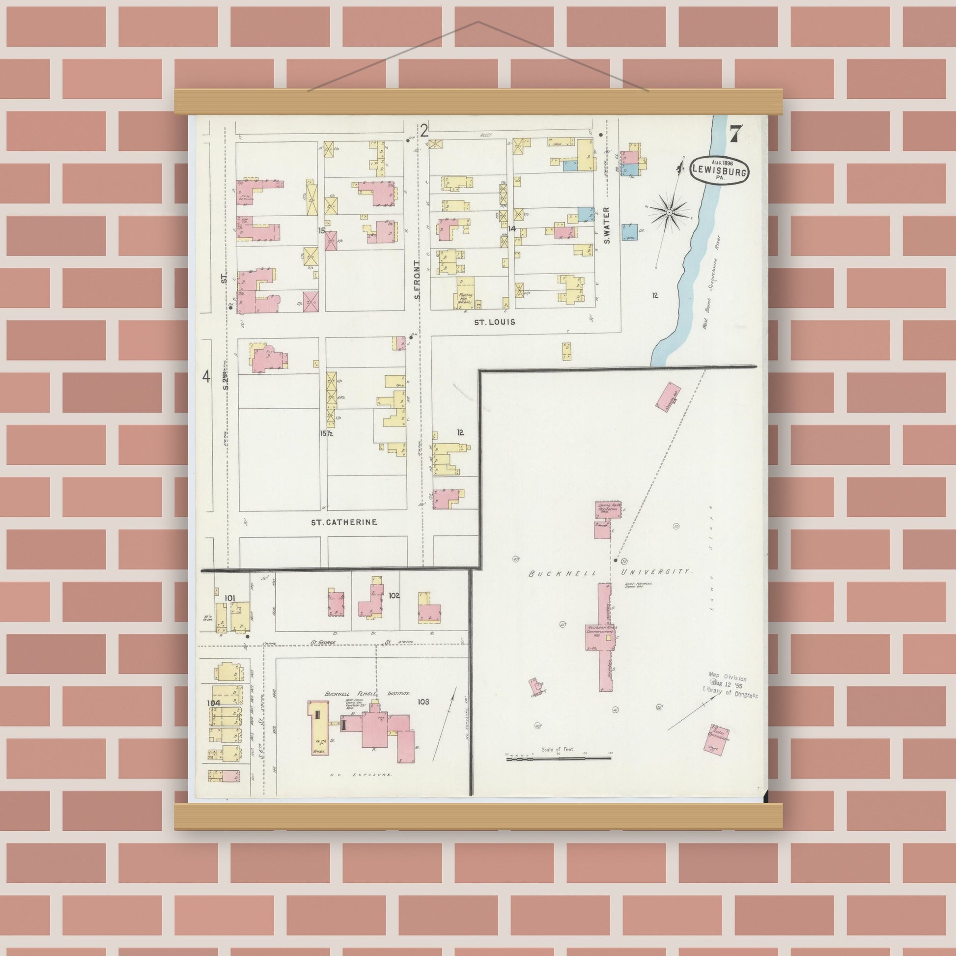Old map wall art mockup — magnetic wood frame on brick wall — Sanborn Fire Insurance Map from Lewisburg, Union County, Pennsylvania (1896), Sheet #0007