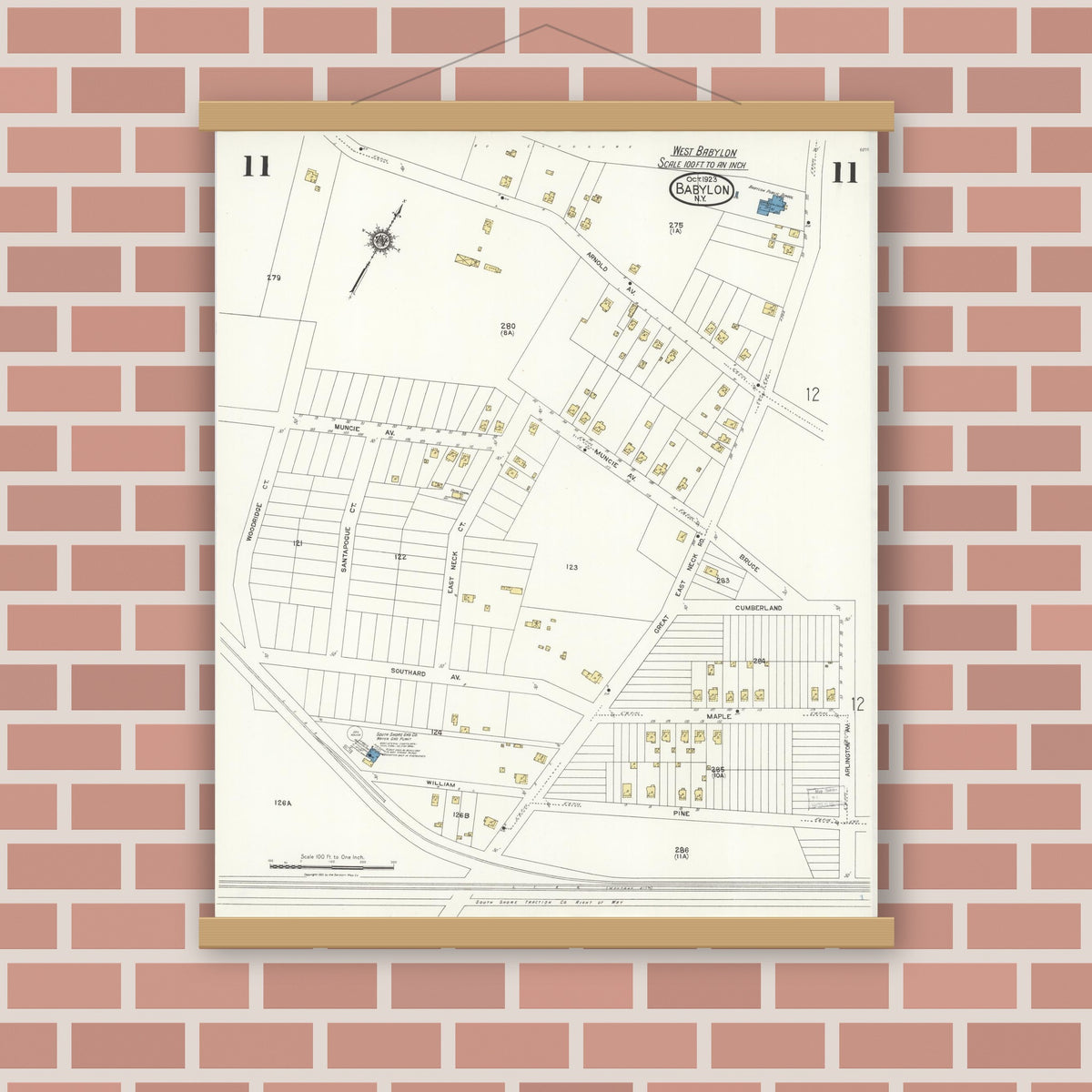 Old map wall art mockup — magnetic wood frame on brick wall — Sanborn Fire Insurance Map from Babylon, Suffolk County, New York (1923), Sheet #0011