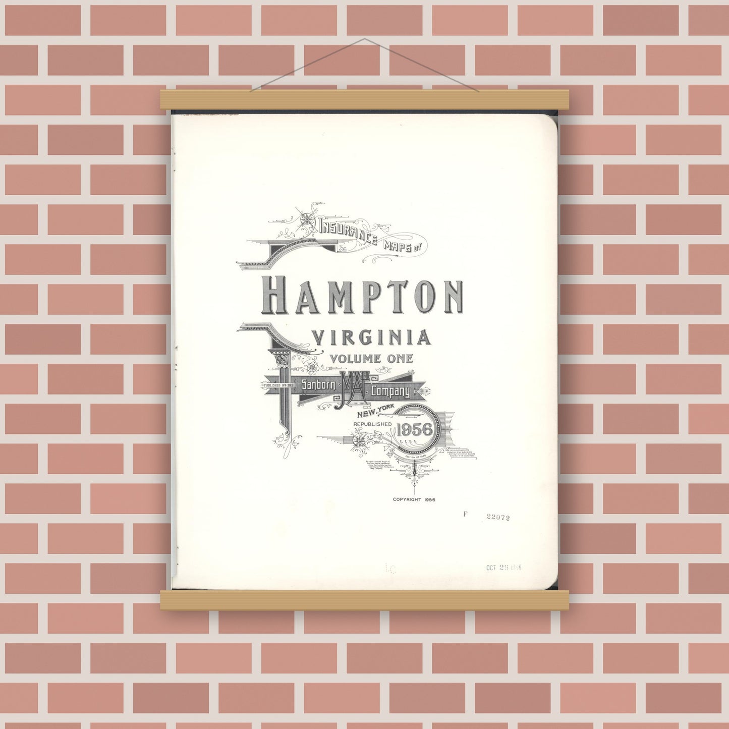 Old map wall art mockup — magnetic wood frame on brick wall — Sanborn Fire Insurance Map from Hampton, Independent Cities, Virginia (1956), Sheet #0001