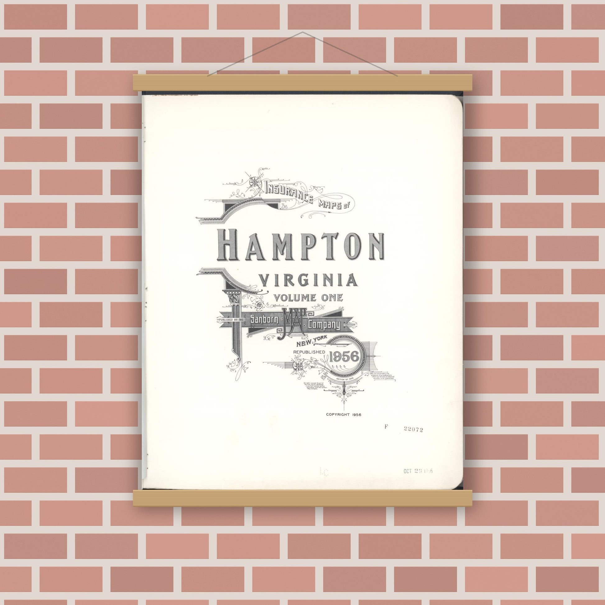 Old map wall art mockup — magnetic wood frame on brick wall — Sanborn Fire Insurance Map from Hampton, Independent Cities, Virginia (1956), Sheet #0001