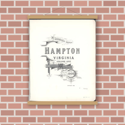 Old map wall art mockup — magnetic wood frame on brick wall — Sanborn Fire Insurance Map from Hampton, Independent Cities, Virginia (1956), Sheet #0001