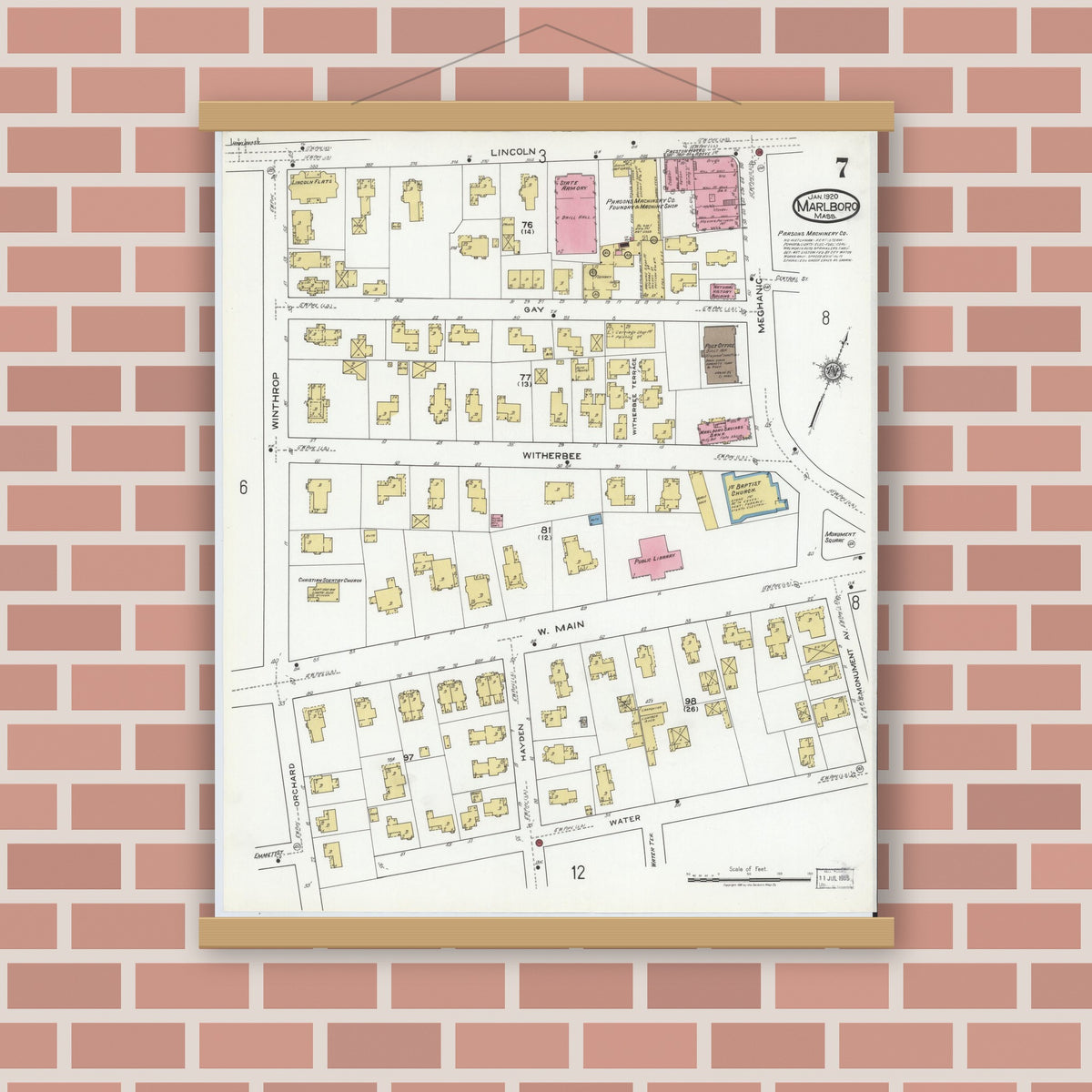Old map wall art mockup — magnetic wood frame on brick wall — Sanborn Fire Insurance Map from Marlborough, Middlesex County, Massachusetts (1920), Sheet #0007