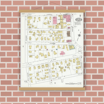 Old map wall art mockup — magnetic wood frame on brick wall — Sanborn Fire Insurance Map from Marlborough, Middlesex County, Massachusetts (1920), Sheet #0007