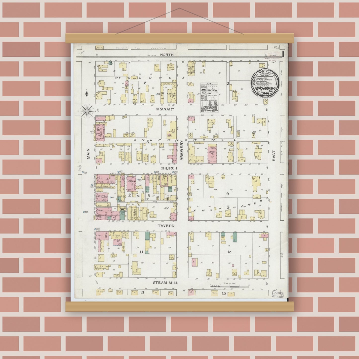 Old map wall art mockup — magnetic wood frame on brick wall — Sanborn Fire Insurance Map from New Harmony, Posey County, Indiana (1893), Sheet #0001
