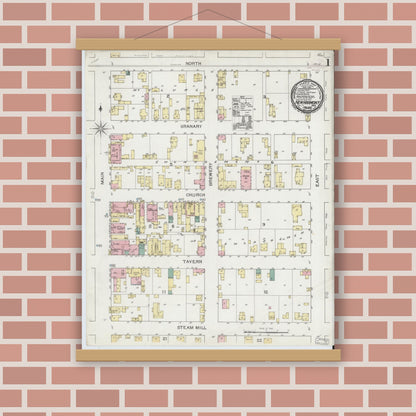 Old map wall art mockup — magnetic wood frame on brick wall — Sanborn Fire Insurance Map from New Harmony, Posey County, Indiana (1893), Sheet #0001