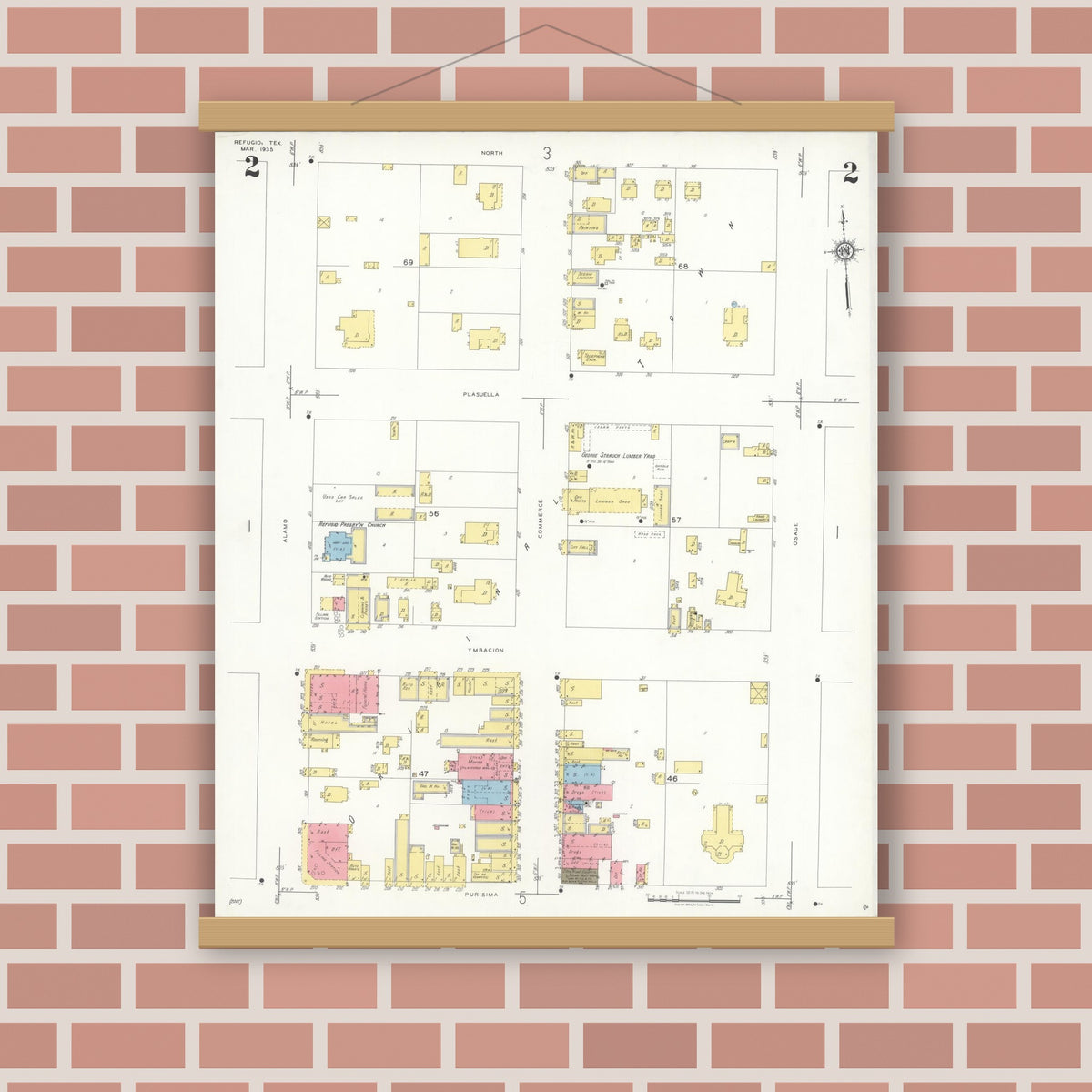 Old map wall art mockup — magnetic wood frame on brick wall — Sanborn Fire Insurance Map from Refugio, Refugio County, Texas (1935), Sheet #0002