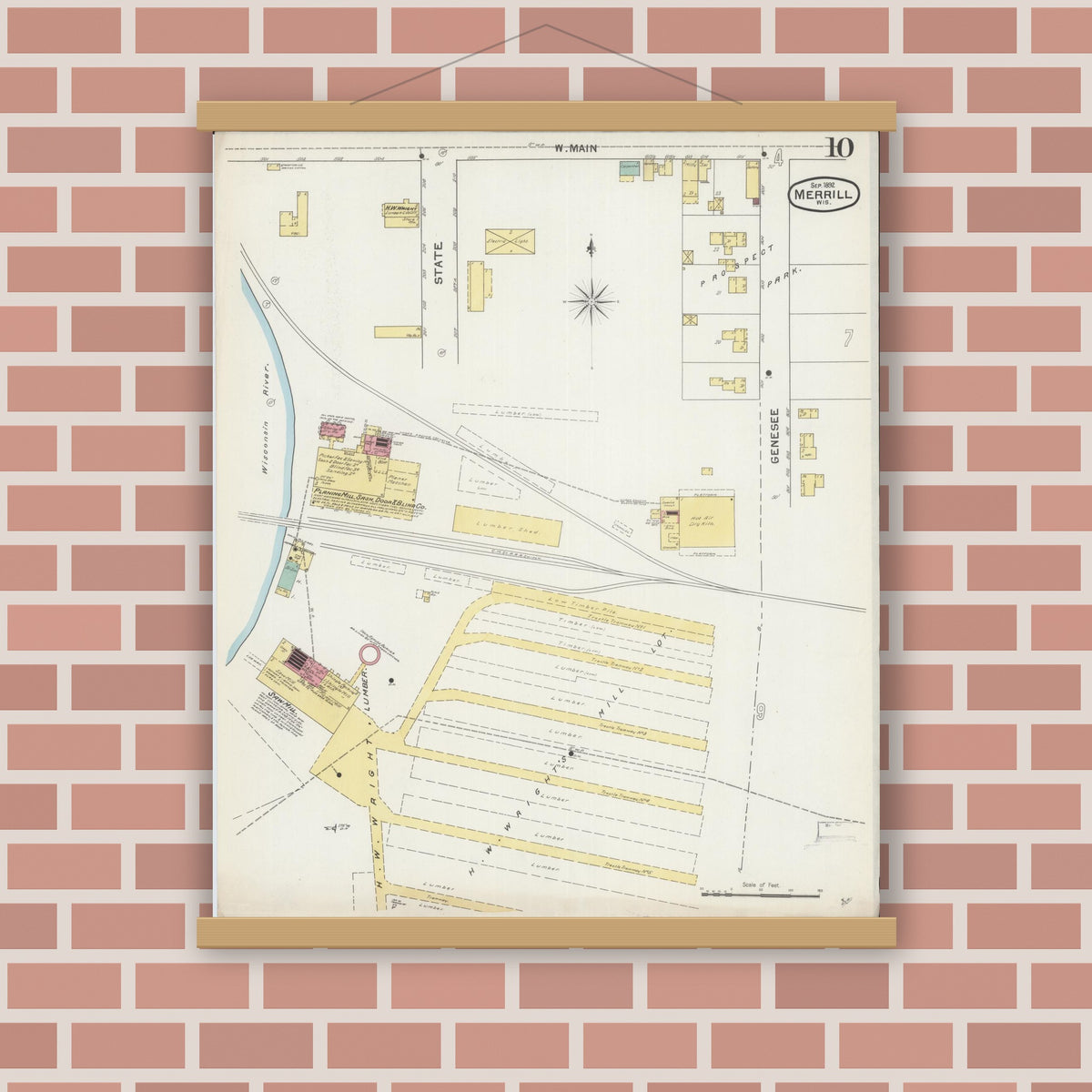 Old map wall art mockup — magnetic wood frame on brick wall — Sanborn Fire Insurance Map from Merrill, Lincoln County, Wisconsin (1892), Sheet #0010