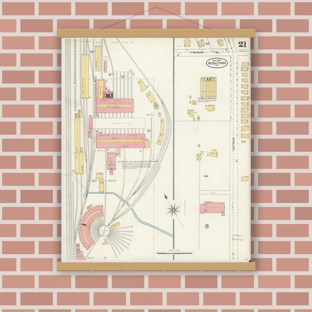 Old map wall art mockup — magnetic wood frame on brick wall — Sanborn Fire Insurance Map from Middletown, Orange County, New York (1904), Sheet #0021