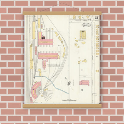 Old map wall art mockup — magnetic wood frame on brick wall — Sanborn Fire Insurance Map from Middletown, Orange County, New York (1904), Sheet #0021