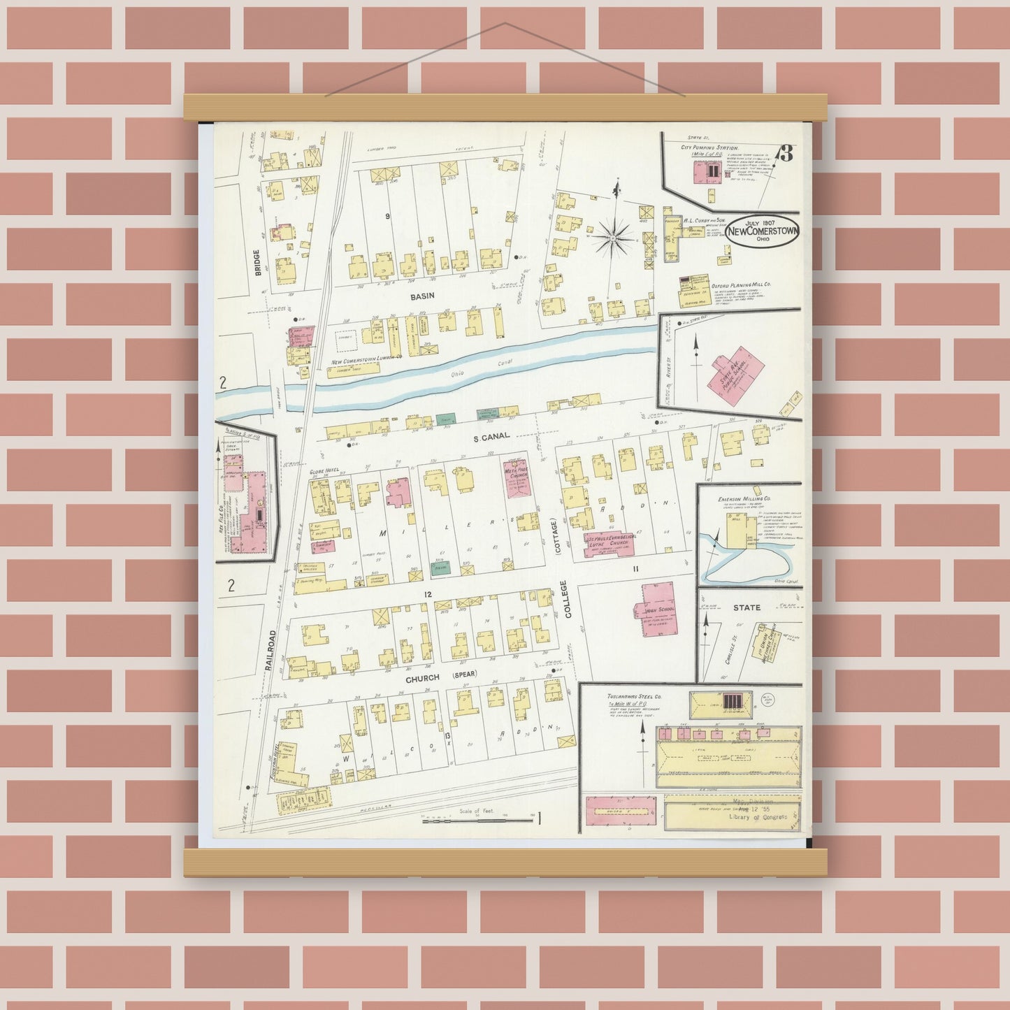 Old map wall art mockup — magnetic wood frame on brick wall — Sanborn Fire Insurance Map from Newcomerstown, Tuscarawas County, Ohio (1907), Sheet #0003