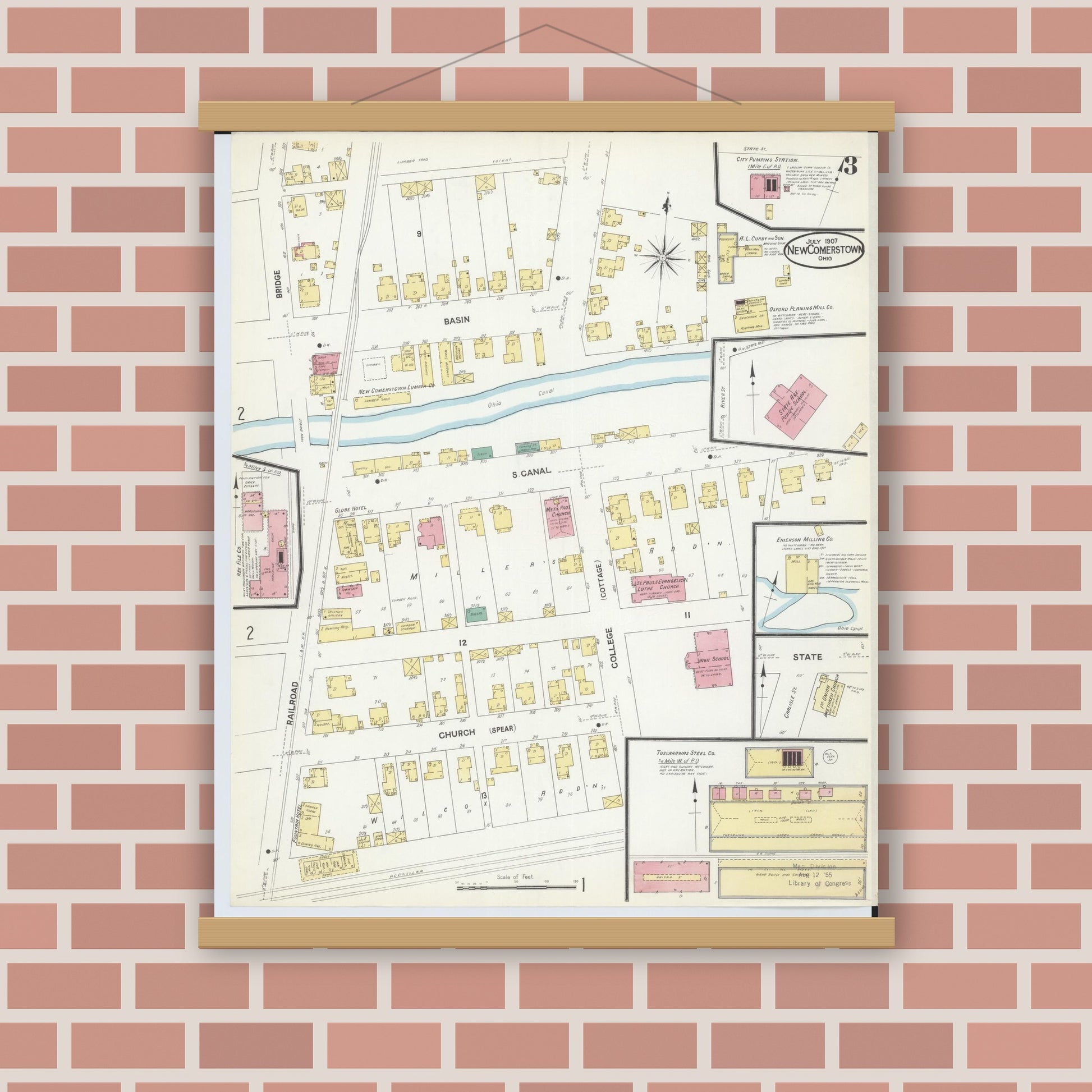 Old map wall art mockup — magnetic wood frame on brick wall — Sanborn Fire Insurance Map from Newcomerstown, Tuscarawas County, Ohio (1907), Sheet #0003