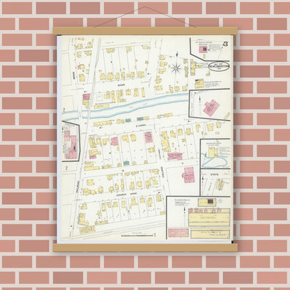 Old map wall art mockup — magnetic wood frame on brick wall — Sanborn Fire Insurance Map from Newcomerstown, Tuscarawas County, Ohio (1907), Sheet #0003