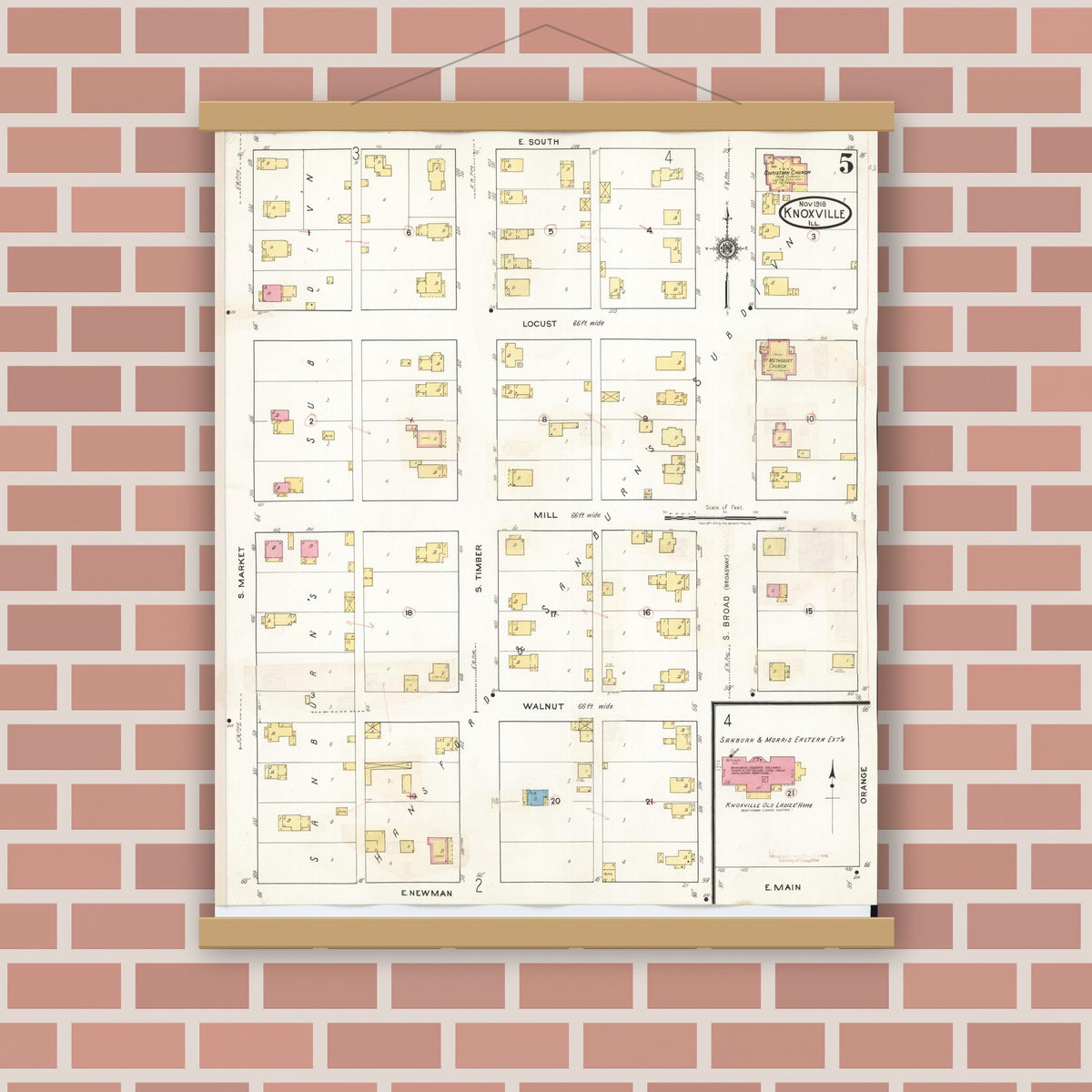 Old map wall art mockup — magnetic wood frame on brick wall — Sanborn Fire Insurance Map from Knoxville, Knox County, Illinois (1944), Sheet #0005
