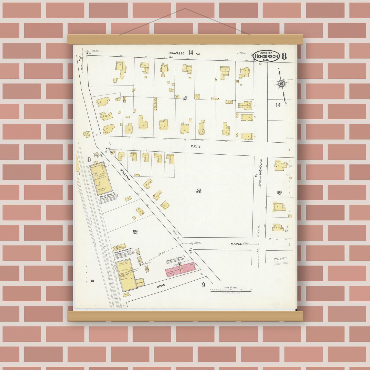 Old map wall art mockup — magnetic wood frame on brick wall — Sanborn Fire Insurance Map from Henderson, Vance County, North Carolina (1917), Sheet #0008