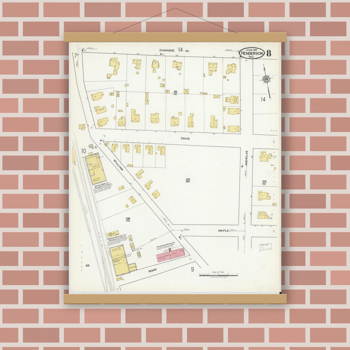 Old map wall art mockup — magnetic wood frame on brick wall — Sanborn Fire Insurance Map from Henderson, Vance County, North Carolina (1917), Sheet #0008
