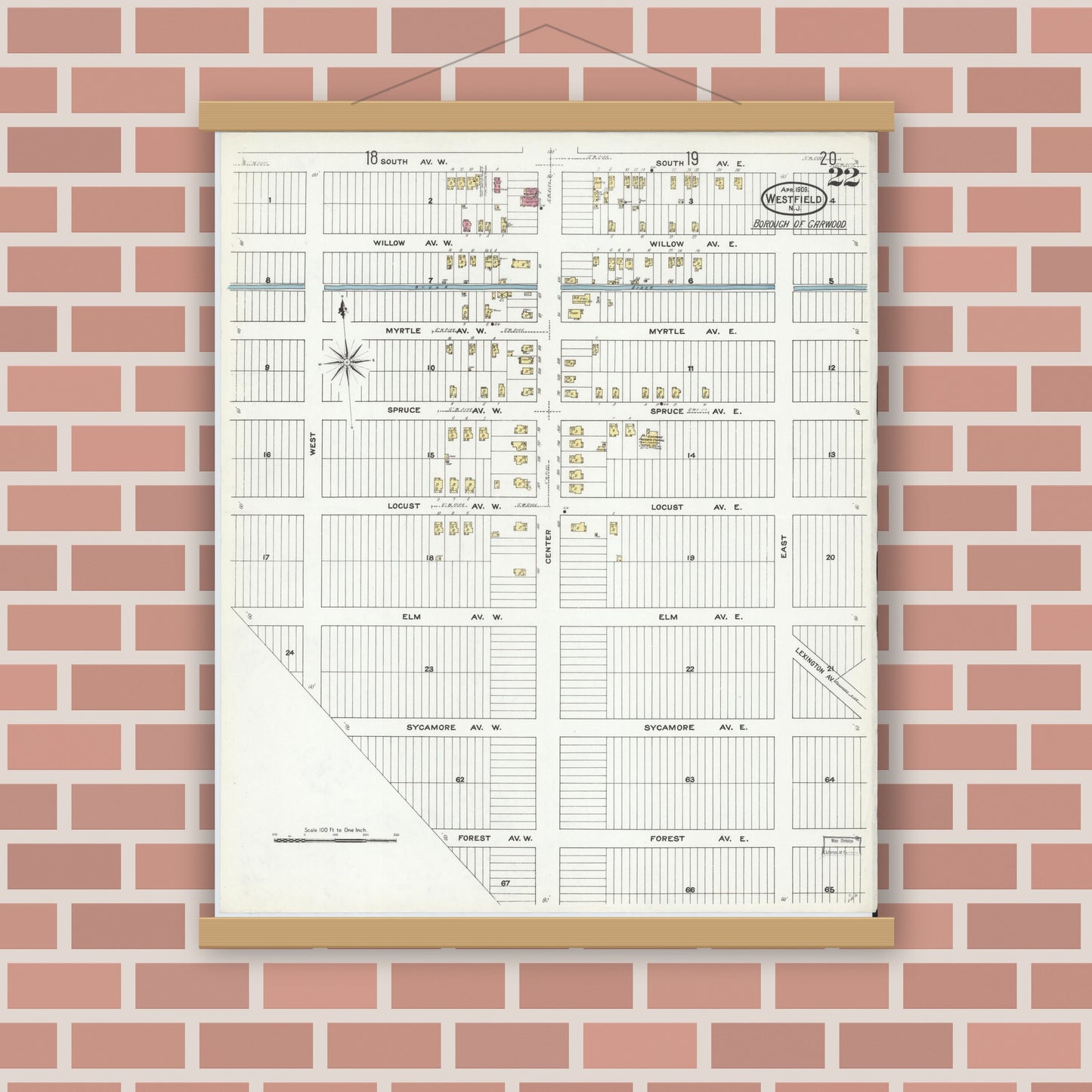 Old map wall art mockup — magnetic wood frame on brick wall — Sanborn Fire Insurance Map from Westfield, Union County, New Jersey (1909), Sheet #0022