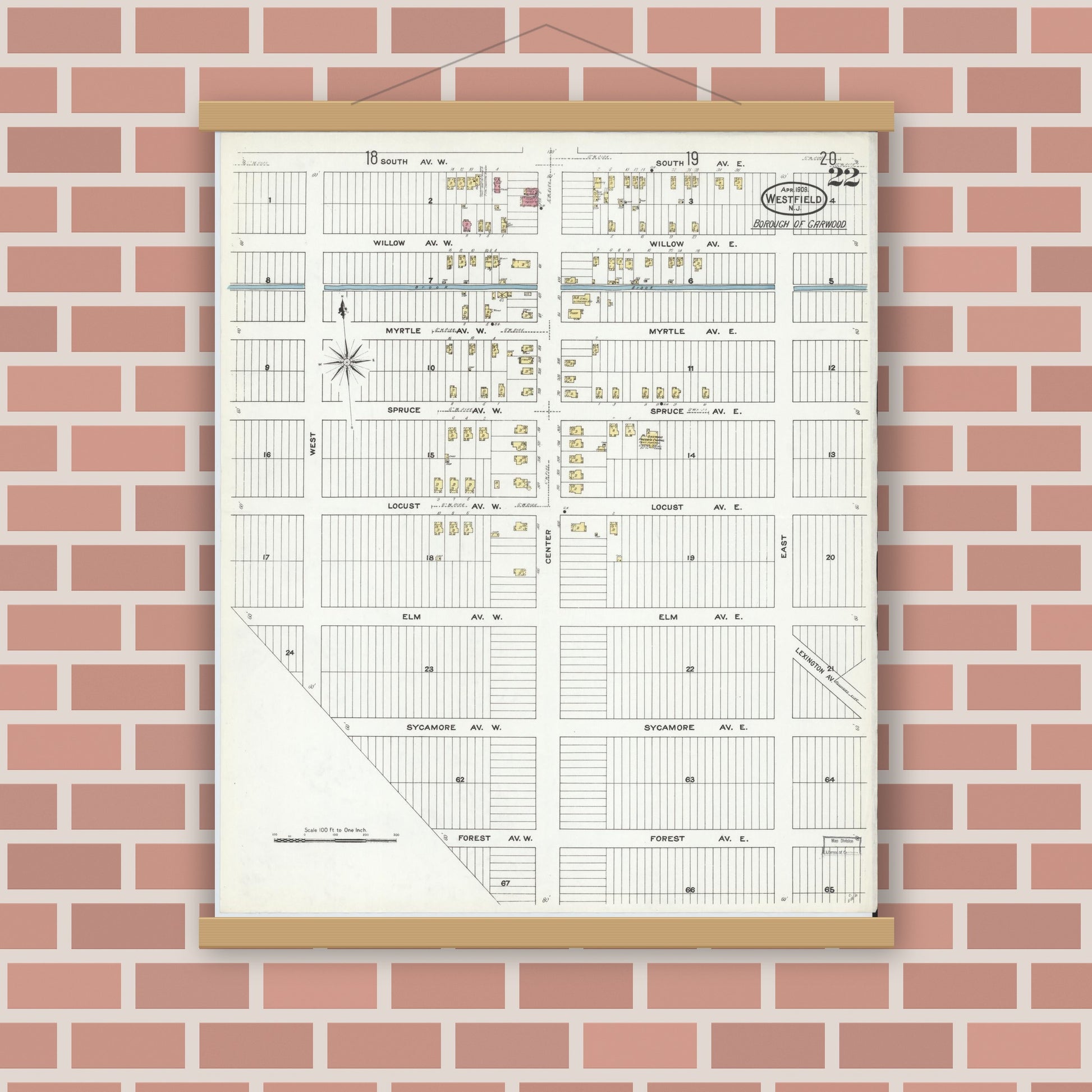 Old map wall art mockup — magnetic wood frame on brick wall — Sanborn Fire Insurance Map from Westfield, Union County, New Jersey (1909), Sheet #0022
