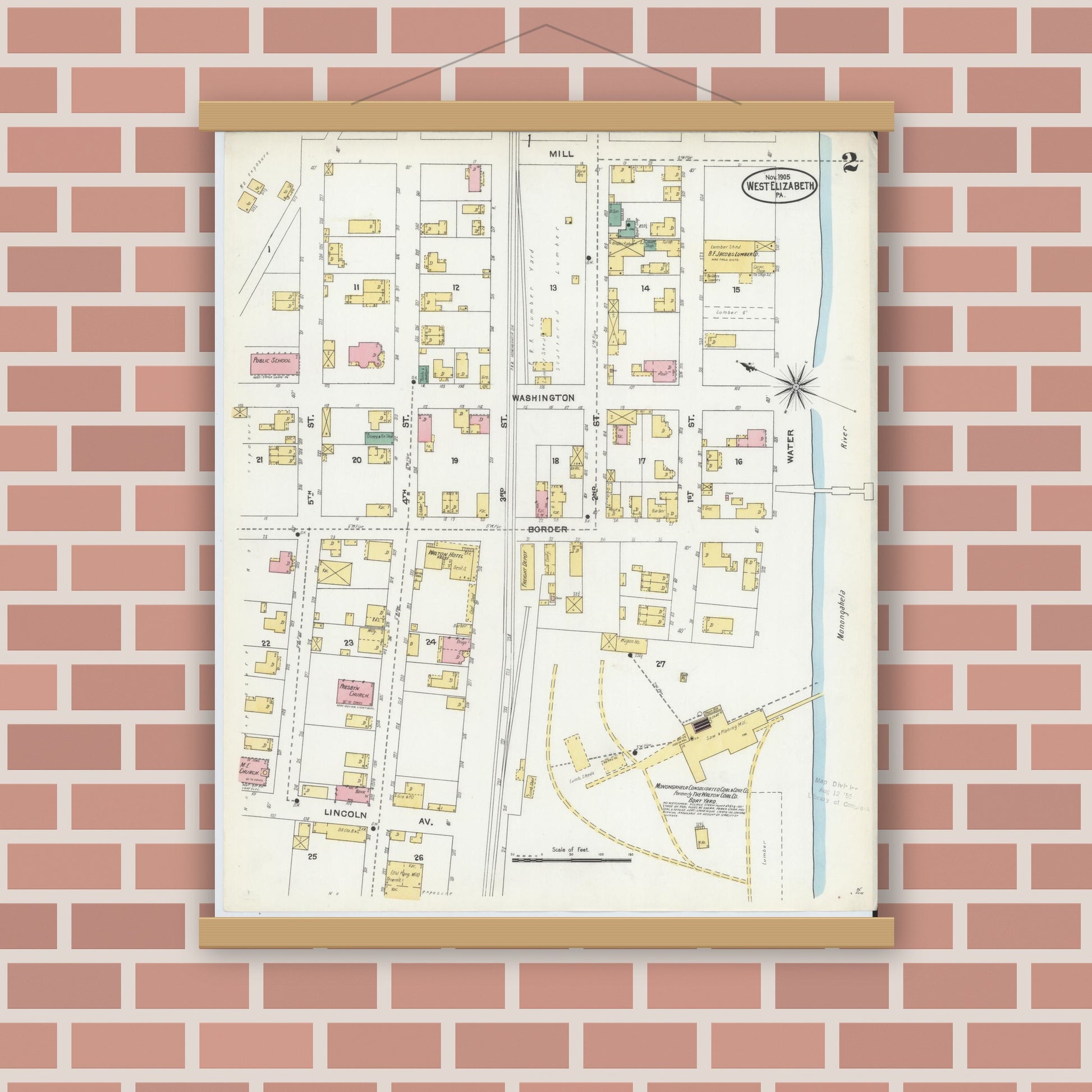 Old map wall art mockup — magnetic wood frame on brick wall — Sanborn Fire Insurance Map from West Elizabeth, Allegheny County, Pennsylvania (1905), Sheet #0002