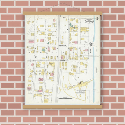 Old map wall art mockup — magnetic wood frame on brick wall — Sanborn Fire Insurance Map from West Elizabeth, Allegheny County, Pennsylvania (1905), Sheet #0002