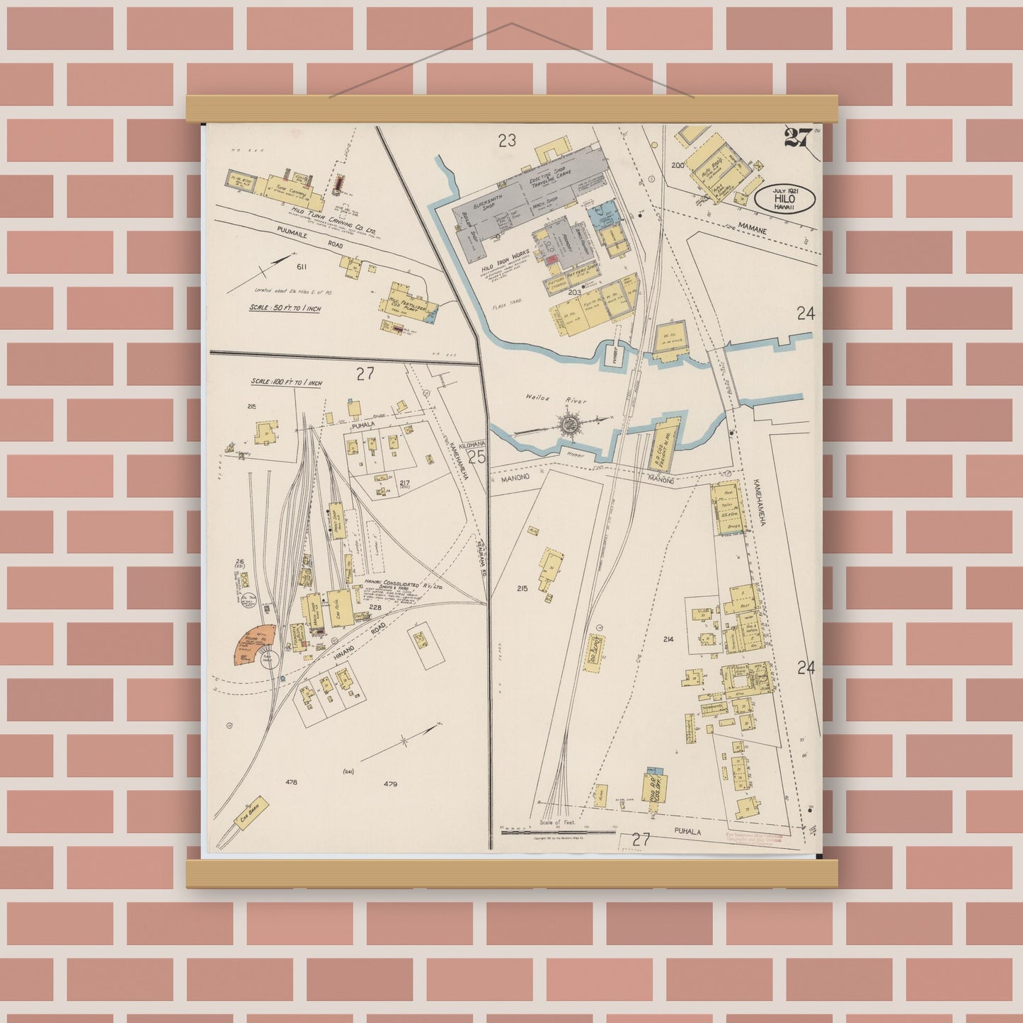 Old map wall art mockup — magnetic wood frame on brick wall — Sanborn Fire Insurance Map from Hilo, Hawaii County, Hawaii (1921), Sheet #0027