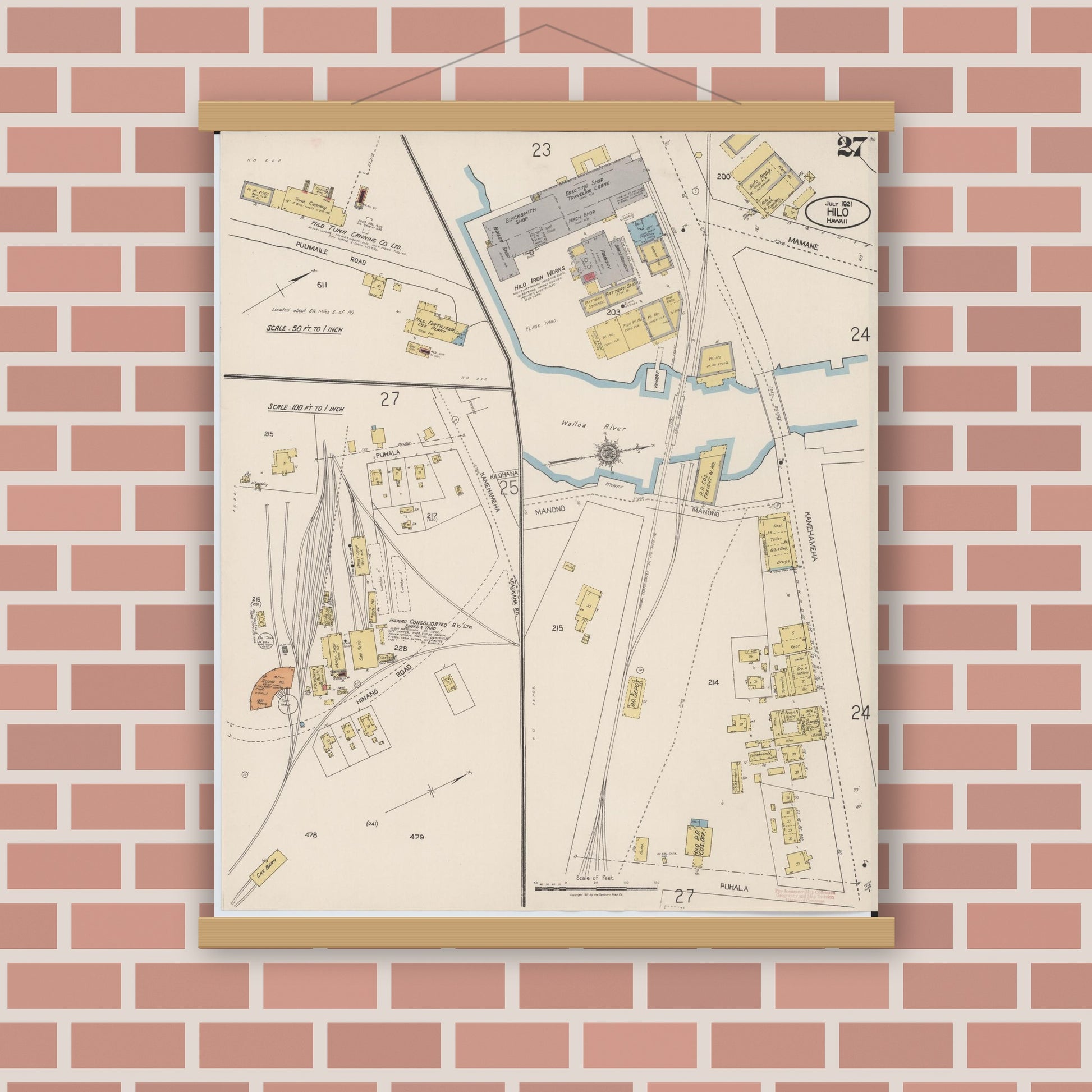 Old map wall art mockup — magnetic wood frame on brick wall — Sanborn Fire Insurance Map from Hilo, Hawaii County, Hawaii (1921), Sheet #0027