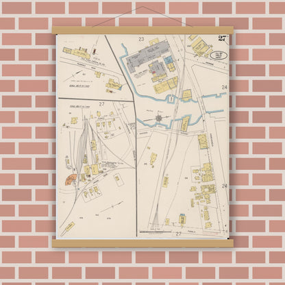 Old map wall art mockup — magnetic wood frame on brick wall — Sanborn Fire Insurance Map from Hilo, Hawaii County, Hawaii (1921), Sheet #0027