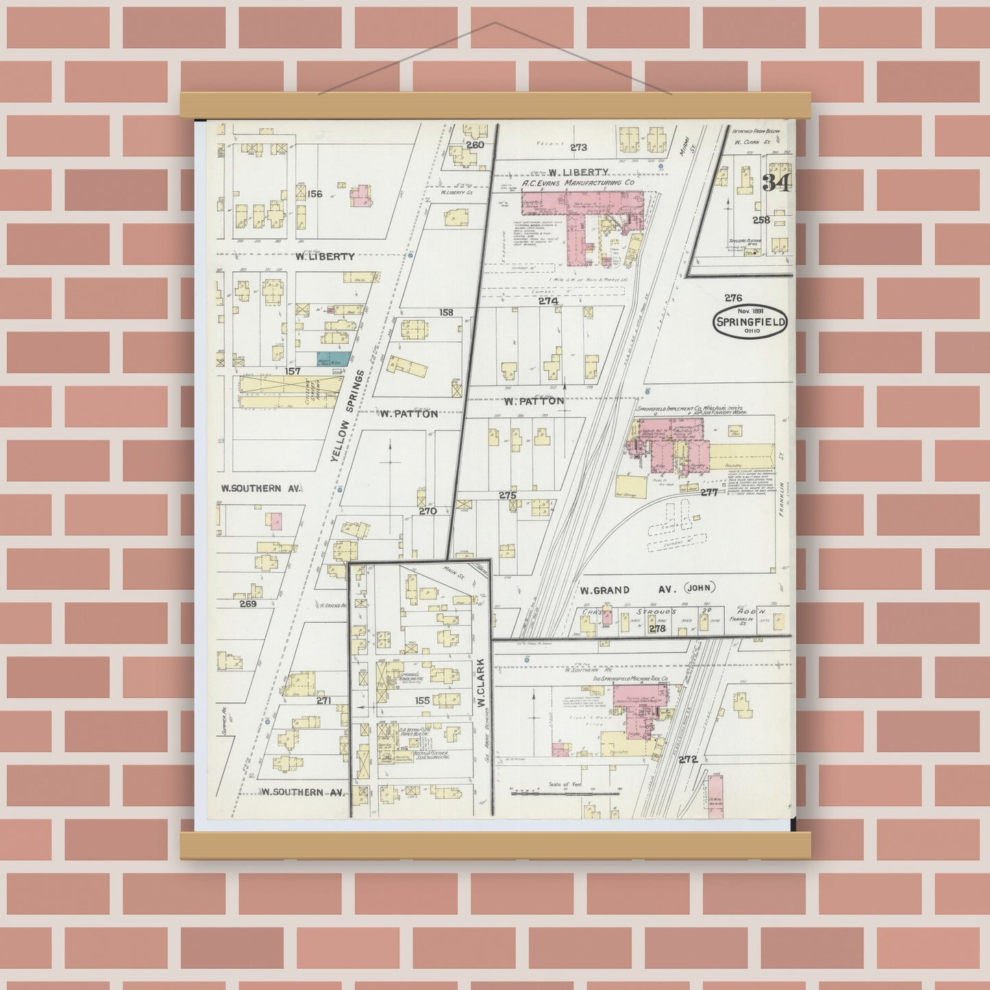 Old map wall art mockup — magnetic wood frame on brick wall — Sanborn Fire Insurance Map from Springfield, Clark County, Ohio (1891), Sheet #0034