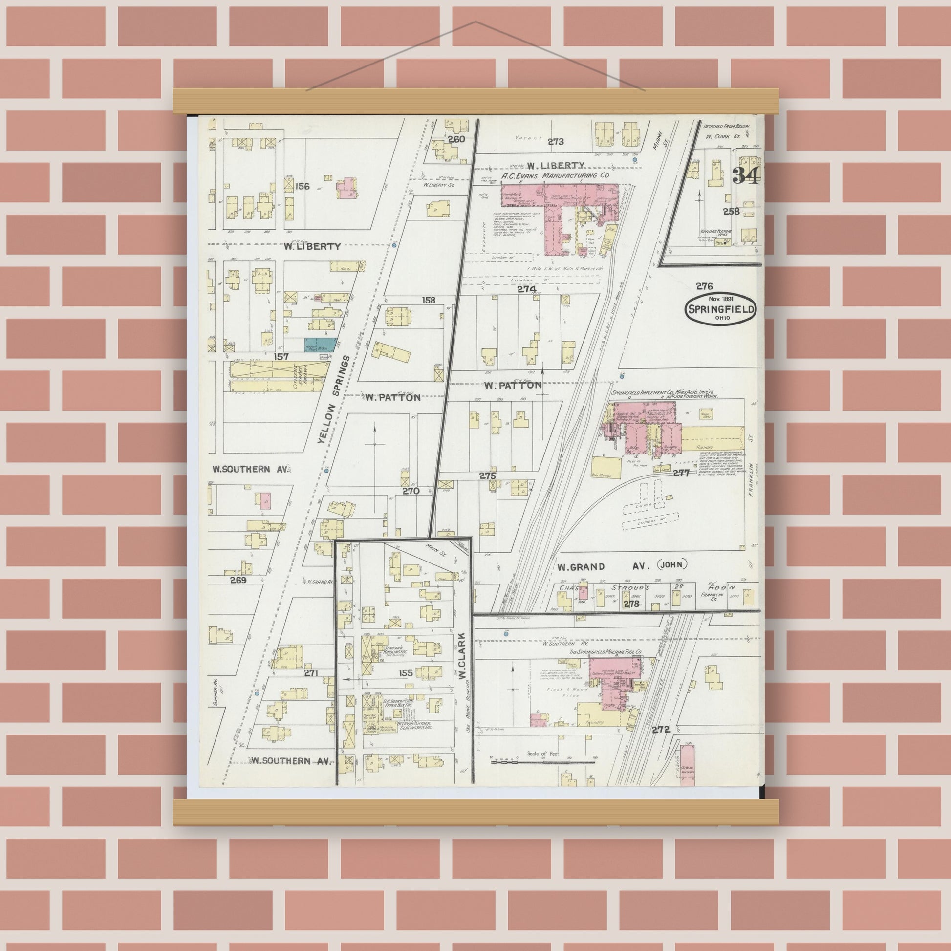 Old map wall art mockup — magnetic wood frame on brick wall — Sanborn Fire Insurance Map from Springfield, Clark County, Ohio (1891), Sheet #0034