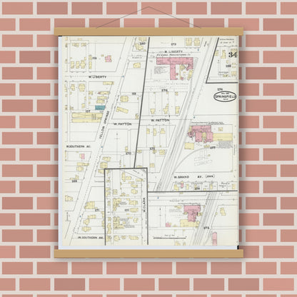 Old map wall art mockup — magnetic wood frame on brick wall — Sanborn Fire Insurance Map from Springfield, Clark County, Ohio (1891), Sheet #0034