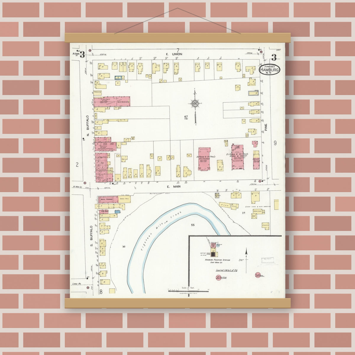 Old map wall art mockup — magnetic wood frame on brick wall — Sanborn Fire Insurance Map from Hamburg, Erie County, New York (1923), Sheet #0003
