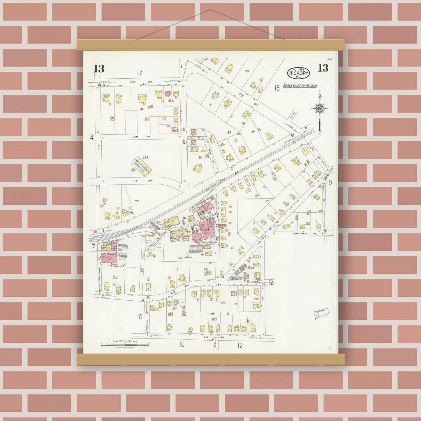 Old map wall art mockup — magnetic wood frame on brick wall — Sanborn Fire Insurance Map from Hickory, Catawba County, North Carolina (1925), Sheet #0013