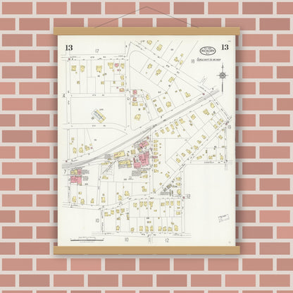 Old map wall art mockup — magnetic wood frame on brick wall — Sanborn Fire Insurance Map from Hickory, Catawba County, North Carolina (1925), Sheet #0013