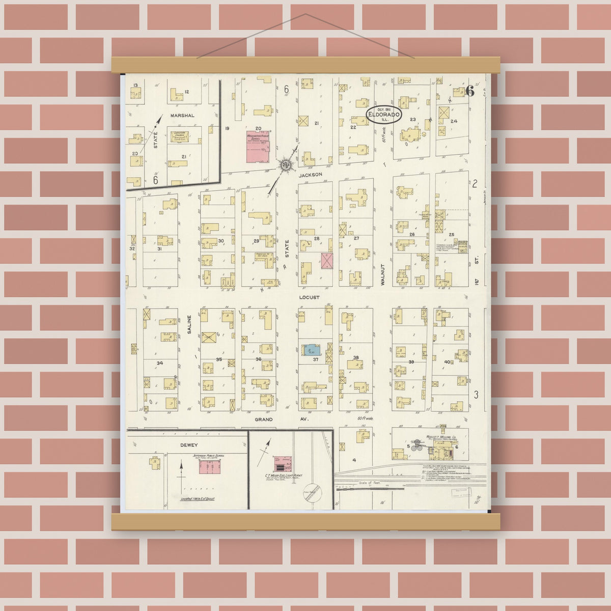 Old map wall art mockup — magnetic wood frame on brick wall — Sanborn Fire Insurance Map from Eldorado, Saline County, Illinois (1911), Sheet #0006