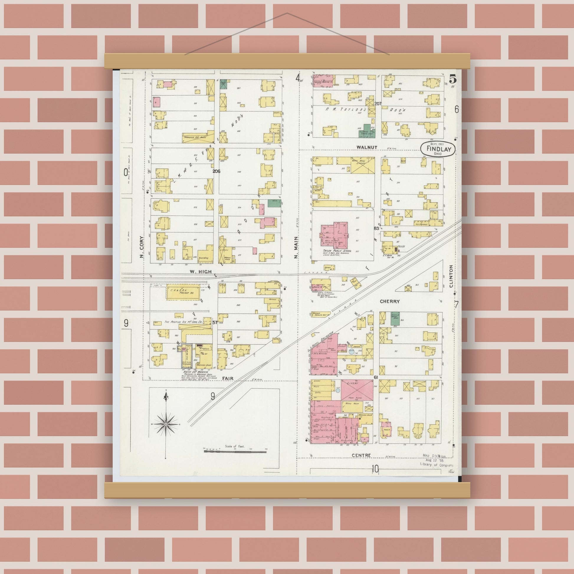 Old map wall art mockup — magnetic wood frame on brick wall — Sanborn Fire Insurance Map from Findlay, Hancock County, Ohio (1901), Sheet #0005