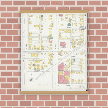 Old map wall art mockup — magnetic wood frame on brick wall — Sanborn Fire Insurance Map from Findlay, Hancock County, Ohio (1901), Sheet #0005