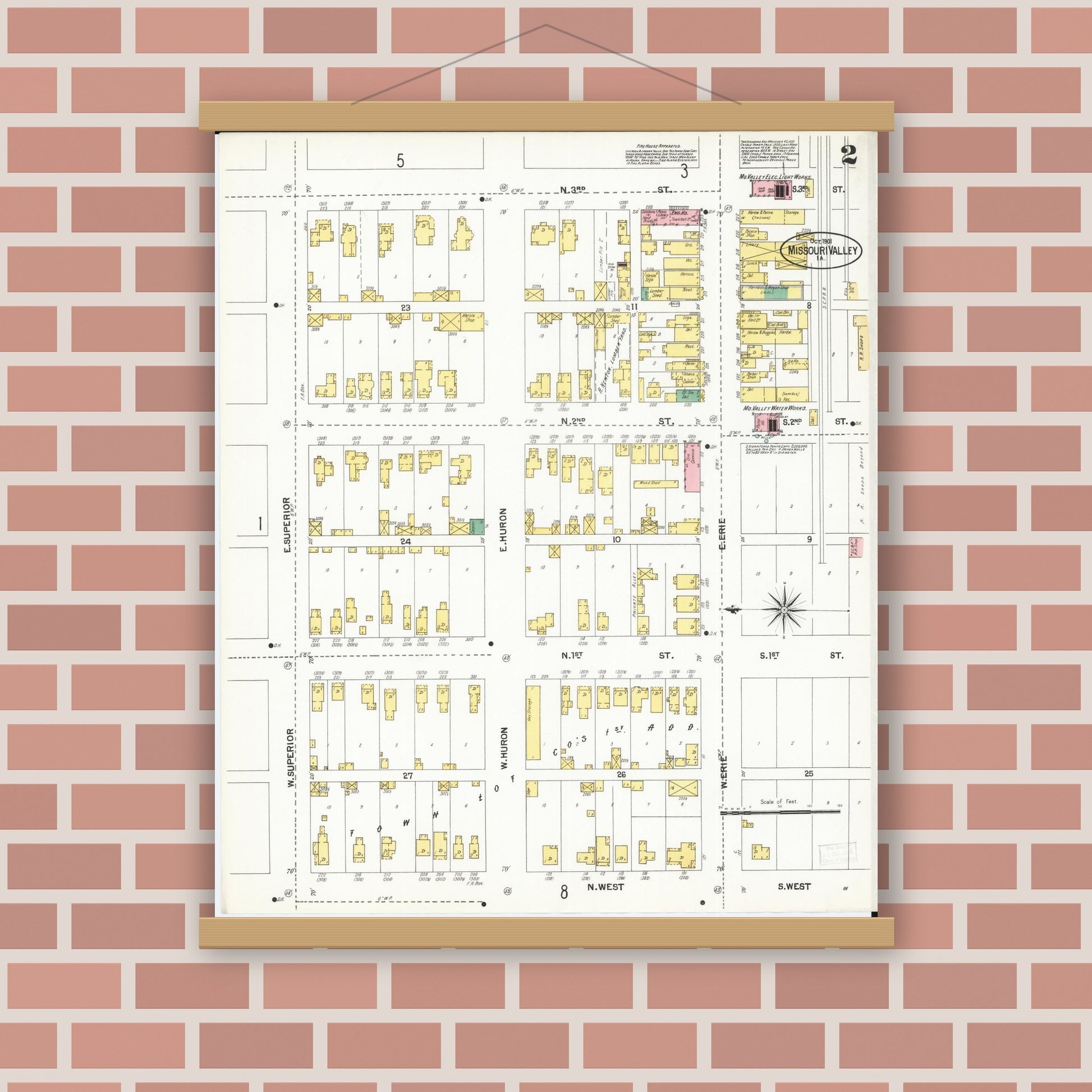 Old map wall art mockup — magnetic wood frame on brick wall — Sanborn Fire Insurance Map from Missouri Valley, Harrison County, Iowa (1901), Sheet #0002